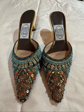 Emma Hope Turquoise Beaded Pointed Slip-On Mules
